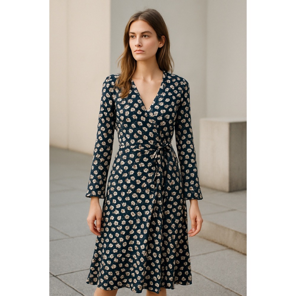 GANNI Floral Wrap Midi Dress 36 S‎ Navy Cream Long Sleeve V-Neck Tie Waist
